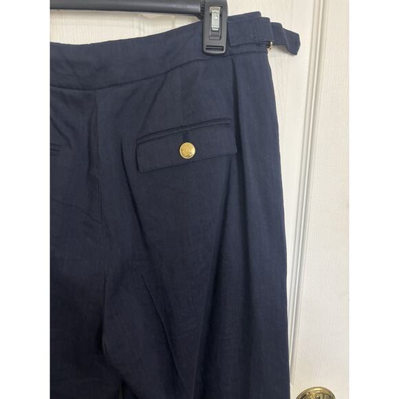 J Crew Italian Linen Blend Wide Leg Pleated Trousers Size 8 Tall Navy Preppy - Picture 5 of 7